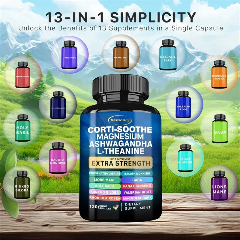 13-in-1 Stress, Focus & Mood Support – Magnesium, Ashwagandha, L-Theanine & Lion’s Mane | Calm Energy + All-in-One Daily Supplement